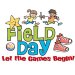 field day letters in green and blue sneakers and children relay race